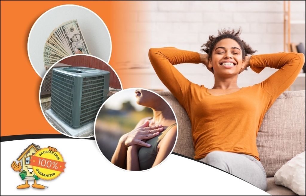 This is an image of a woman relaxing on her couch. There are three overlaid circles, one showing money, one showing AC unit and one showing breathing deeply satisfaction 100% guaranteed logo is overlaid.