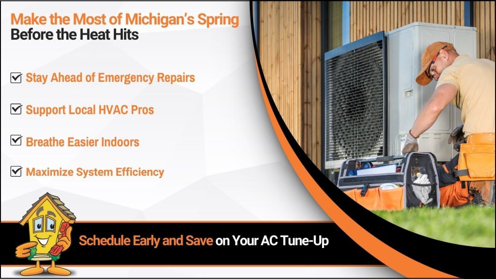 This is an image of an HVAC technician servicing AC unit. The headline reads make the most of Michigan spring before the heat hits.