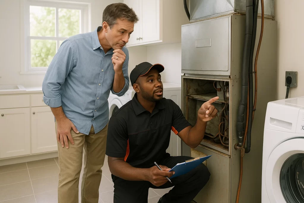 Homeowner learning repair vs replace factors from technician in utility room