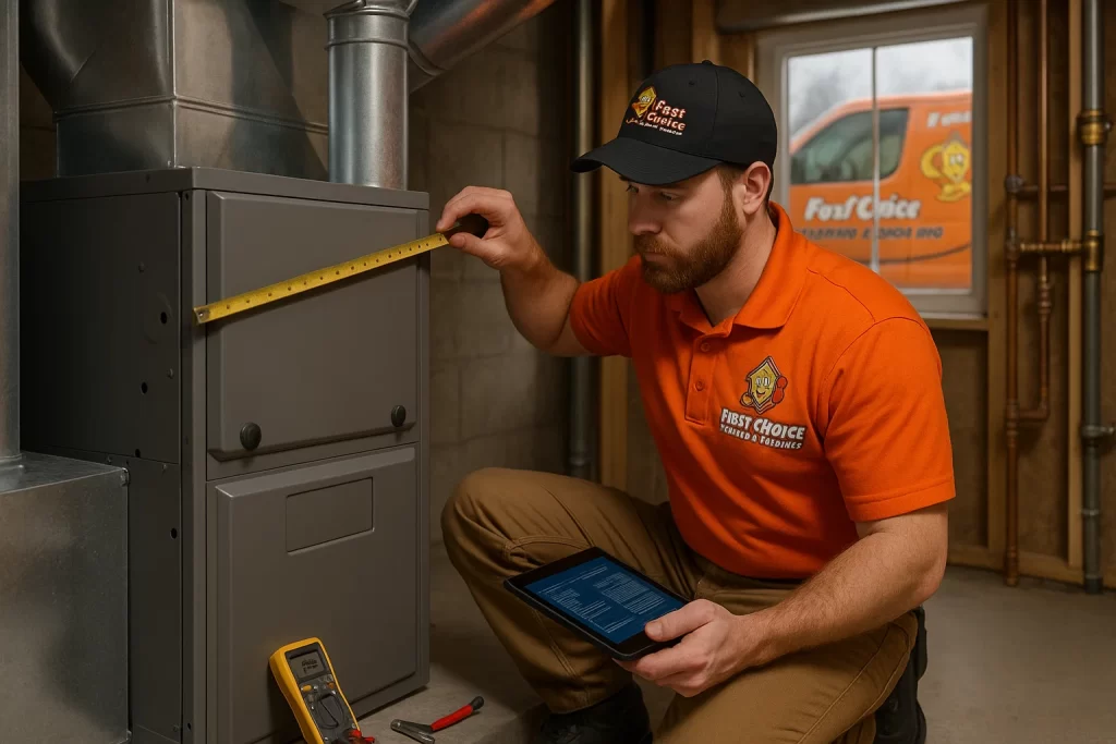 HVAC technician measures ducts next to oversized furnace during inspection