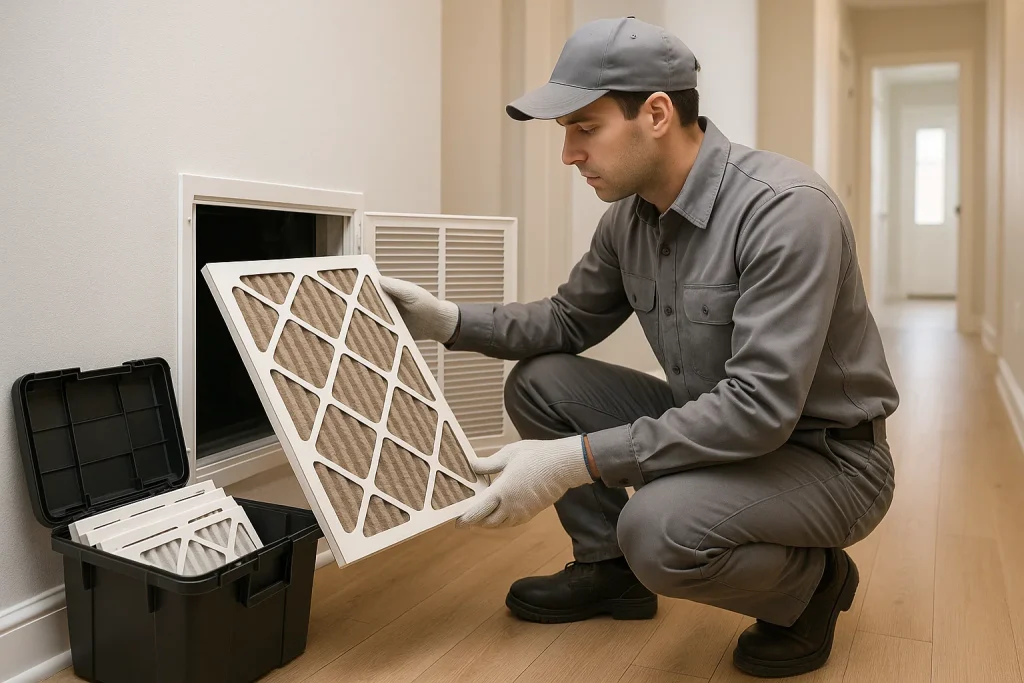 HVAC technician replaces dusty air filter in residential hallway vent