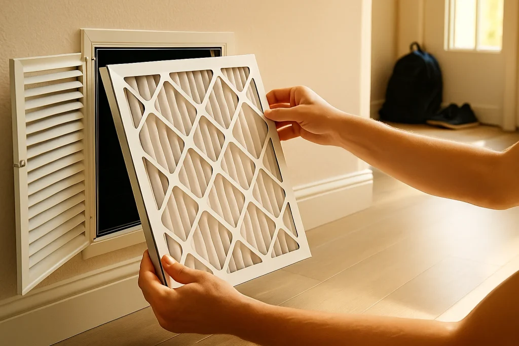 Close-up of homeowner replacing clean HVAC filter in return vent