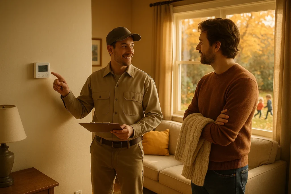 Homeowner and HVAC technician review thermostat before fall furnace tune-up