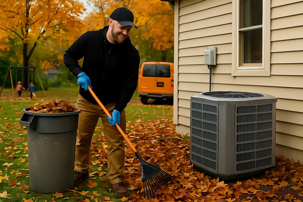 Technician clearing leaves and debris around outdoor condenser unit