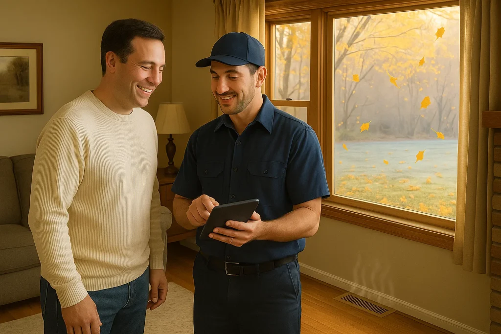 Homeowner reviews furnace tune-up with technician during October in Fenton