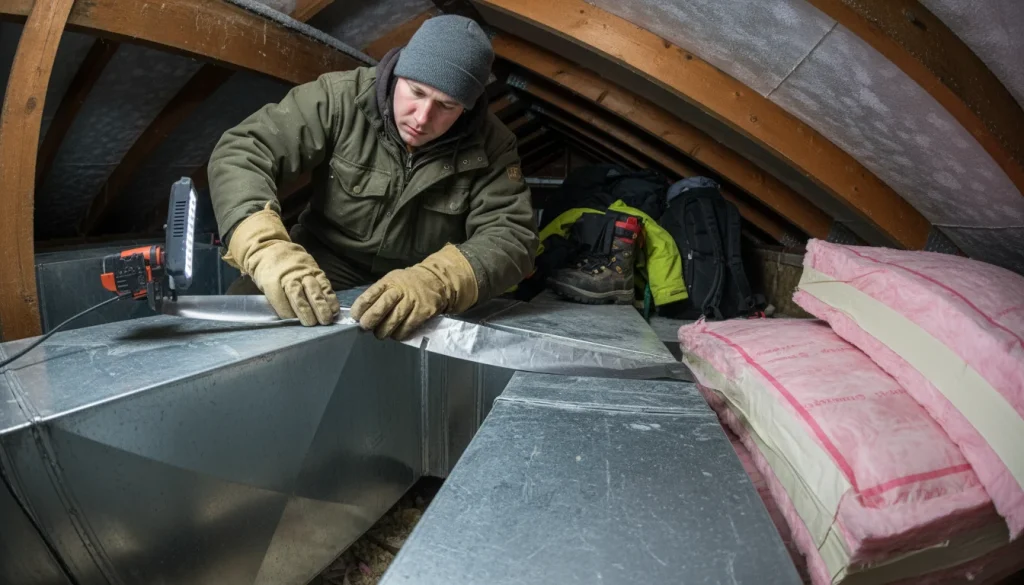 HVAC technician sealing attic ductwork to prevent heat loss