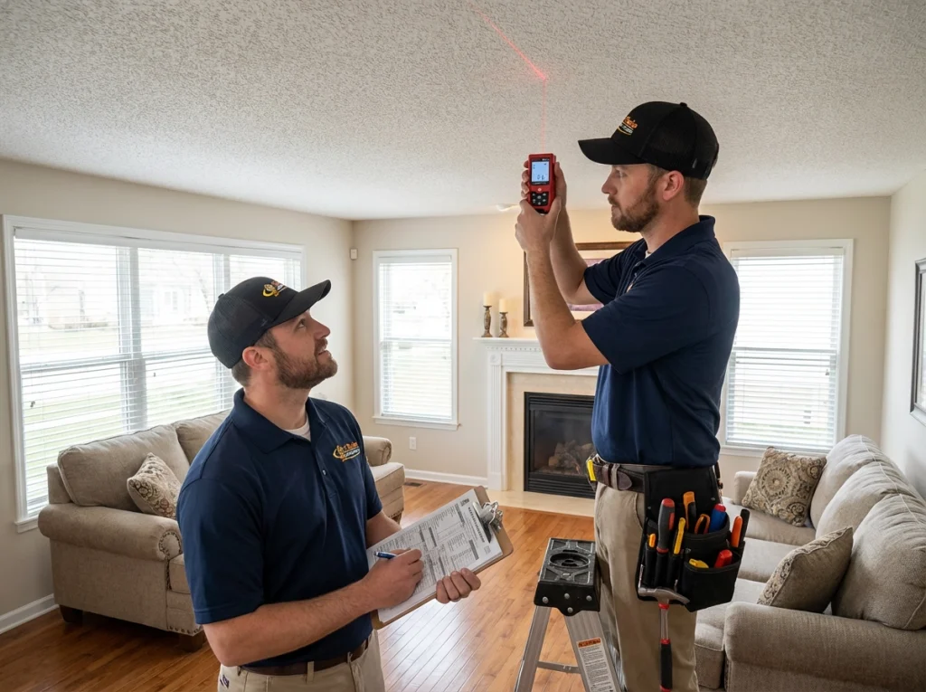 HVAC contractors measuring home interior and ductwork to size a new heating system correctly before installation.