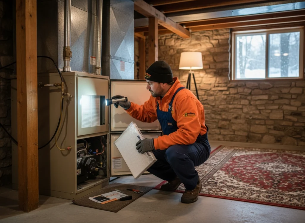 HVAC technician performing furnace filter replacement during year-end winter maintenance in a Michigan basement.