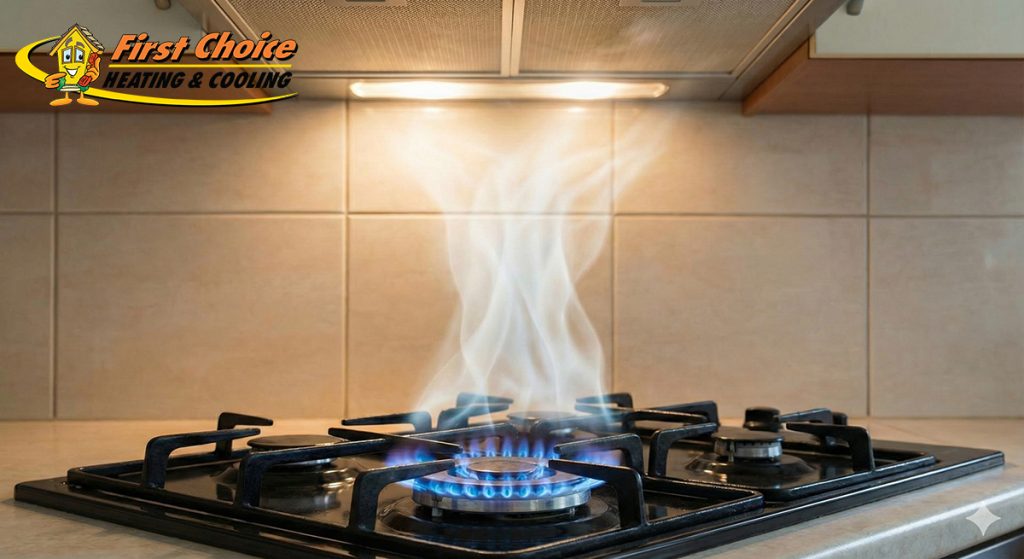 CO2 gas rising up from a gas stovetop in a kitchen