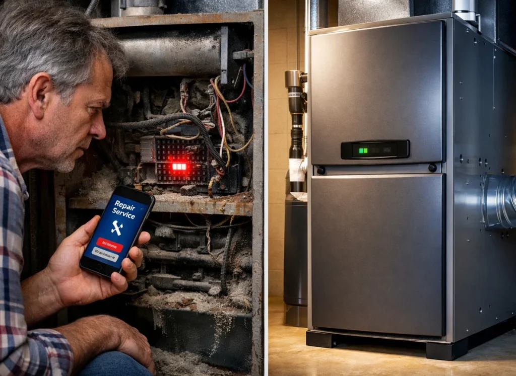 Side-by-side comparison of an old, failing furnace and a modern, efficient heating system.
