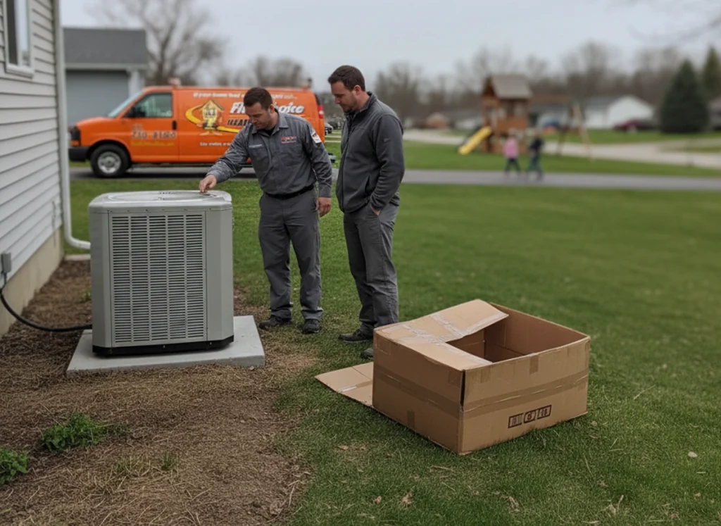 An HVAC tech stands with a homeowner admiring the newly installed heat pump.