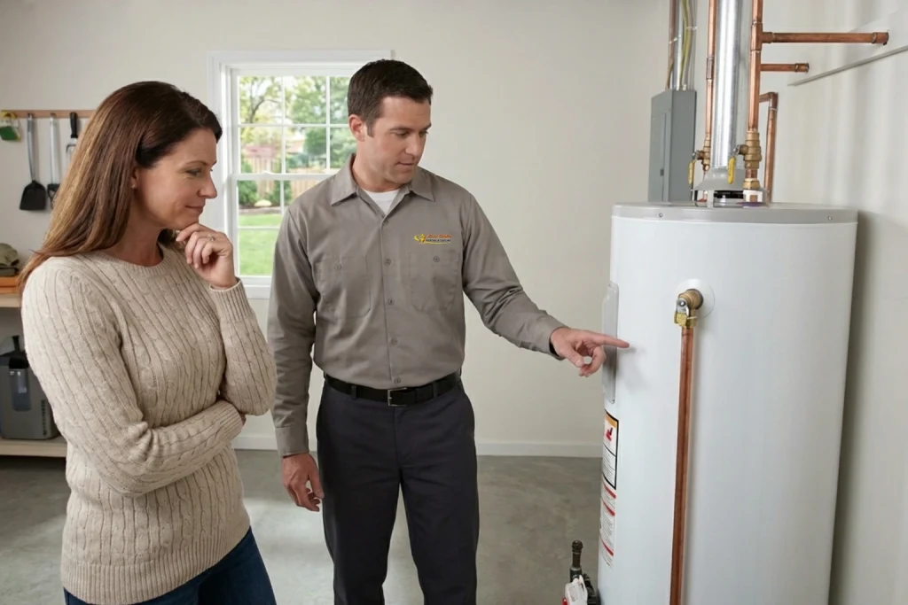 Fenton homeowner discussing water heater tune-up savings
