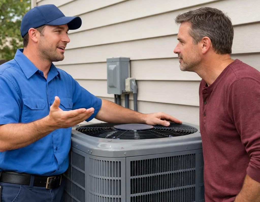 A homeowner and an HVAC tech discussing AC maintenance.