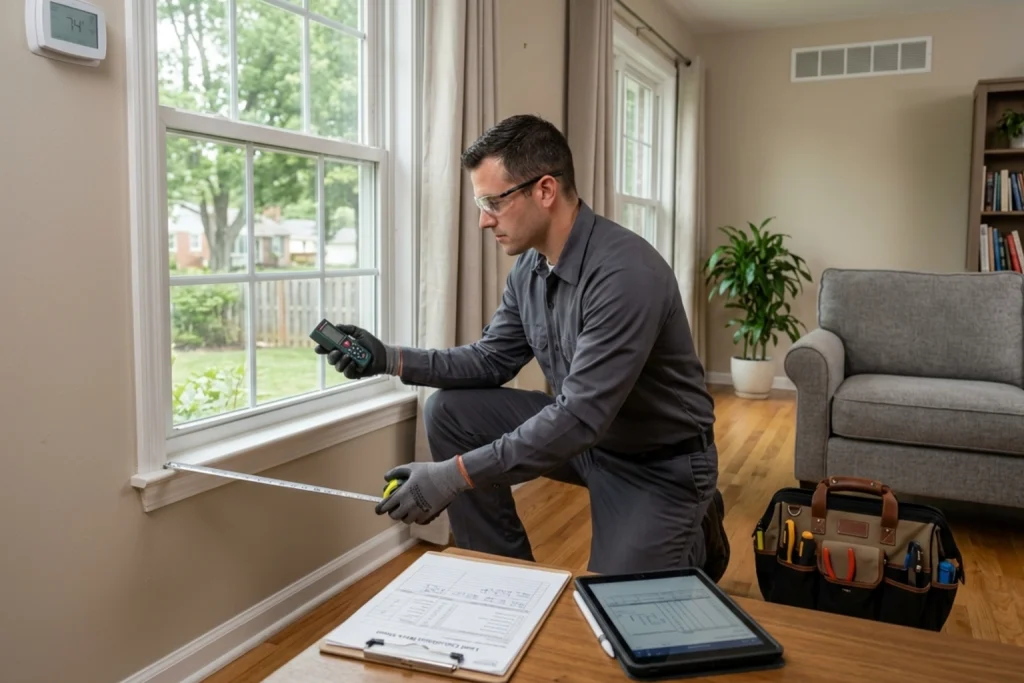HVAC technician measuring home for AC sizing