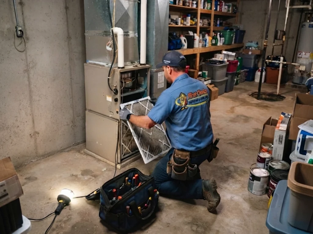 An HVAC tech changing an air filter.