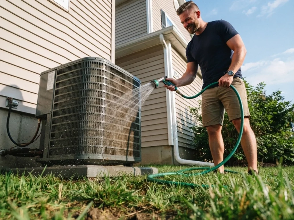 Fenton homeowner cleaning his AC unit.