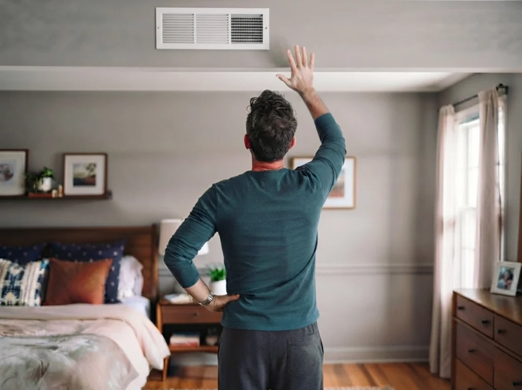 A homeowner in his bedroom, reaching up to an air vent to see if any AC is coming through it
