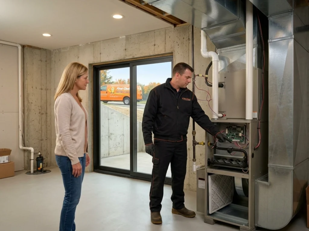 Fenton homeowner discussing September furnace tune-up with HVAC technician