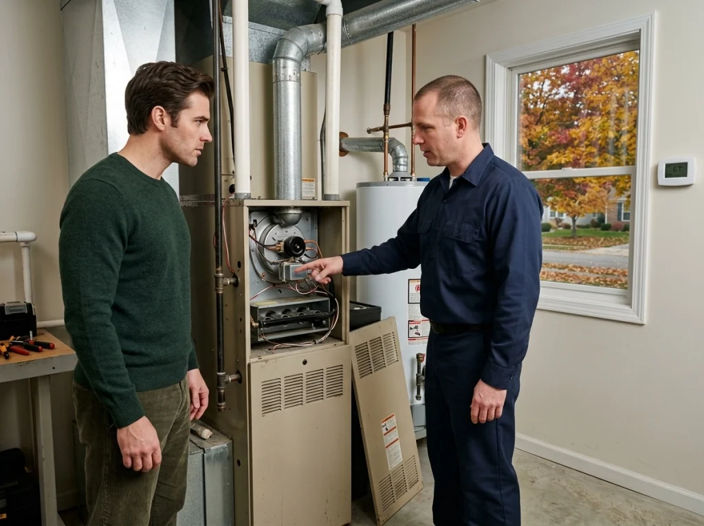 Fenton homeowner discussing furnace repair or replacement with HVAC technician